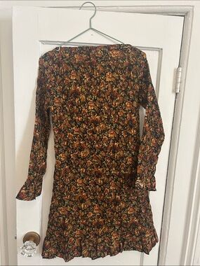 Doen Smocked Floral Mini Dress - Black with Rust & Mustard